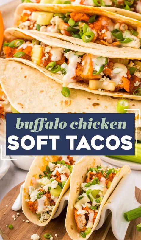 These buffalo chicken tacos are a great semi-homemade dinner or appetizer idea. Frozen chicken tenders make these super easy to get on the table, and fast! Quick Buffalo Chicken, Buffalo Chicken Street Tacos, Healthy Buffalo Chicken Tacos, Buffalo Chicken Freezer Meal, Pull-a-part Chicken Tacos, Fiesta Recipes, Buffalo Chicken Tacos, Flexitarian Recipes, Chicken Dishes Easy