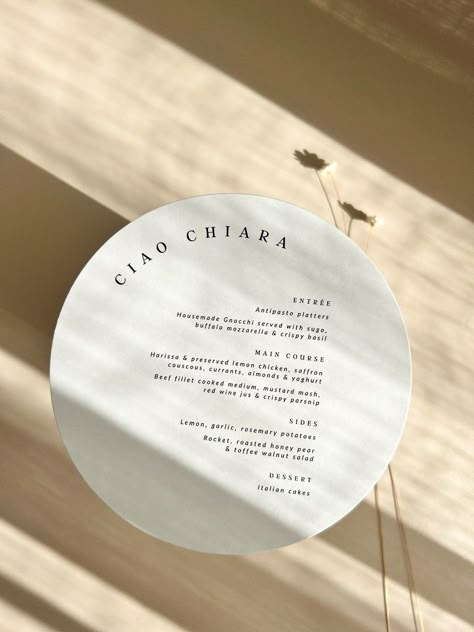 Circular Menu Design, Circle Menu Wedding, Menu And Name Card Wedding, Circular Invitation, Anniversary Invite, Bespoke Wedding Stationery, Beauty Of Simplicity, Wedding Stationery Suite, Name Place Cards