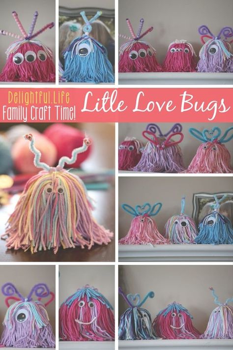 LITTLE LOVE BUGS? LOVELY LITTLE MONSTERS?  We couldn't decide what to call them, but we couldn't stop making these charming little critters! This is such a fun craft idea for the entire family. Some yarn and a few decorations and you've got yourself the perfect craft for Valentine's Day... or any day! Yarn Monsters, Bug Crafts, Valentine's Day Crafts For Kids, Yarn Dolls, Valentine Crafts For Kids, Love Bug, Family Crafts, Fun Craft, Valentine Fun