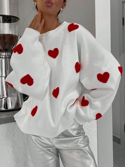 Women's Fall Knit Long Sleeve Cute Heart Print Casual Loose Fit Pullover Sweater For Valentines Day White Casual  Long Sleeve Knitwear Geometric,Heart,Fruit&Vegetable Pullovers Medium Stretch Spring/Fall Women Clothing, size features are:Bust: ,Length: ,Sleeve Length: Patchwork Sweater, Winter Pullover, Heart Sweater, Long Sleeve Knit Sweaters, Loose Sweater, Sweater Pullover, Cute Sweaters, Inspiration Mode, Streetwear Women