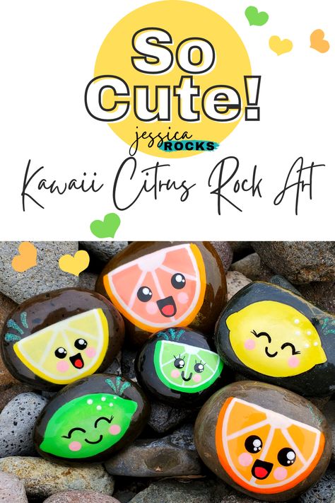 Lime Rock Painting, Lemon Rock Painting, Rock Painting Fruit, Kawaii Painted Rocks, Kawaii Rock Painting, Kawaii Painting Ideas, Cartoon Painted Rocks, Cartoon Rock Painting, Rocks Painted Like Food