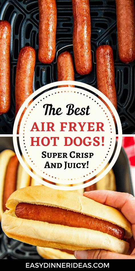 These Air Fryer Hot Dogs are the BEST hot dogs you can make at home! When cooked in the air fryer, hot dogs get nice and crispy on the outside and stay juicy on the inside. Plus, you don’t have to worry about firing up the grill or preheating the oven - it’s a hassle free recipe! Air Fryer Hot Dogs, Best Hot Dogs, Air Fryer Recipes Dessert, Air Fryer Recipes Snacks, New Air Fryer Recipes, Air Fryer Foods, Air Fryer Ideas, Air Fryer Cooking Times, Air Fryer Meals