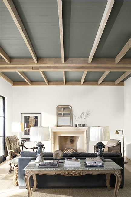 A modern neutral palette living room with high wood panelled ceiling painted in a dramatic gray. Dark Gray Paint, Painted Wood Ceiling, Trashy Y2k Bedroom, Dark Gray Paint Colors, White Ceiling Paint, Painted Beams, Ceiling Paint Colors, Y2k Bedroom, Gray Paint Colors