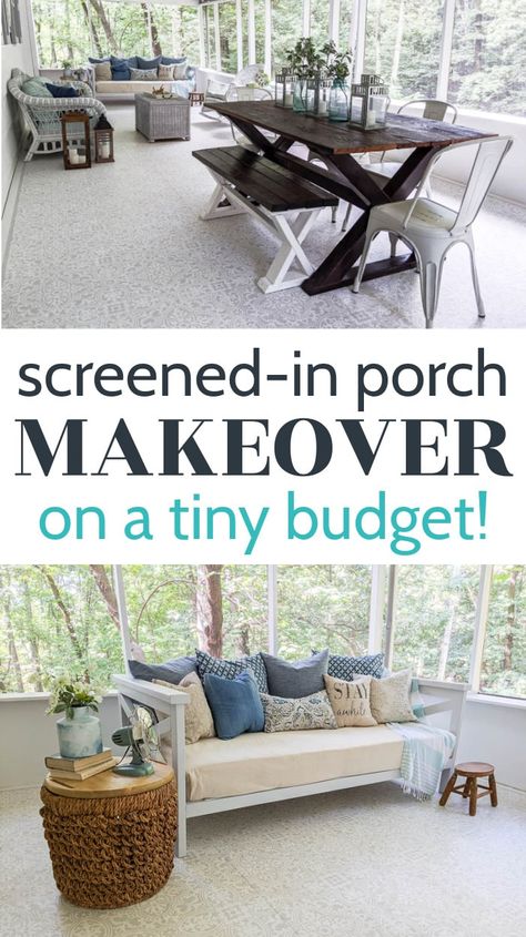 Our screened-in porch got a total makeover on a tiny budget with DIY outdoor furniture, second hand finds, and lots of paint. #lovelyetc #diyscreenedinporch #screenedinporchupdate Small Screened Porch, Back Porch Makeover, Porch Update, Outside Rooms, Screened In Porch Diy, Screened Porch Decorating, Budget Kitchen Makeover, Porch Diy, Diy Daybed