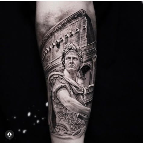 Giulio Cesare Tattoo, Cesar Tattoo Design, Julius Caesar Tattoo, Roman Empire Tattoo, Cesar Tattoo, Caesar Tattoo, Fable Tattoo, Rome Tattoo, Calf Sleeve Tattoo