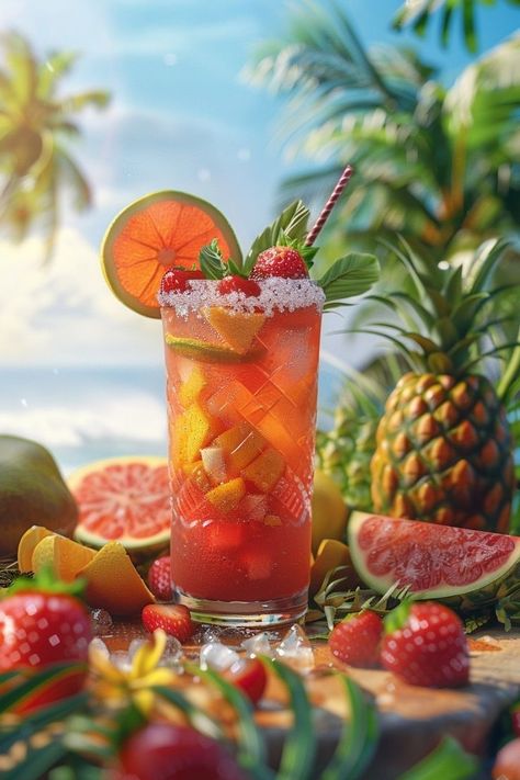 Fruit Punch Mocktail, Tropical Fruit Aesthetic, Tropical Fruit Photography, Red Fruits And Vegetables, Punch Mocktail, Tropical Photography, Tropical Juice, Fun Summer Drinks, Health Heart