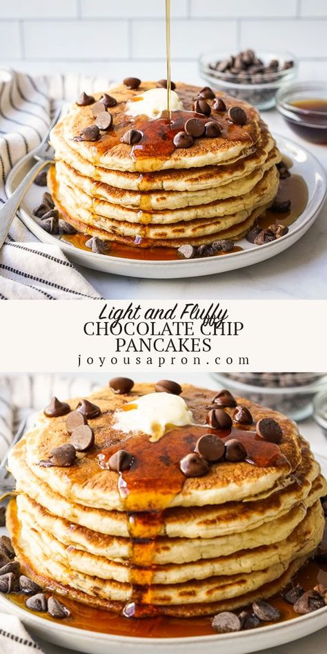 Text between two stacks of chocolate chip pancakes on plates with syrup Best Chocolate Chip Pancake Recipe, Best Chocolate Chip Pancakes, Fluffy Chocolate Chip Pancakes, Easy Chocolate Chip Pancakes, Pancake Recipe Chocolate Chip, Chocolate Chips Pancakes, Chocolate Chip Pancakes Recipe Easy, Easy Chocolate Chip Pancake Recipe, Chocolate Chocolate Chip Pancakes