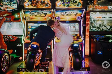 Arcade Prenup Shoot, Arcade Couples Photoshoot, Arcade Couple Aesthetic, Arcade Wedding Photos, Arcade Engagement Photos, Flutter Sleeve Wedding Dress, Arcade Shoot, Arcade Wedding, Fall Wedding Planning