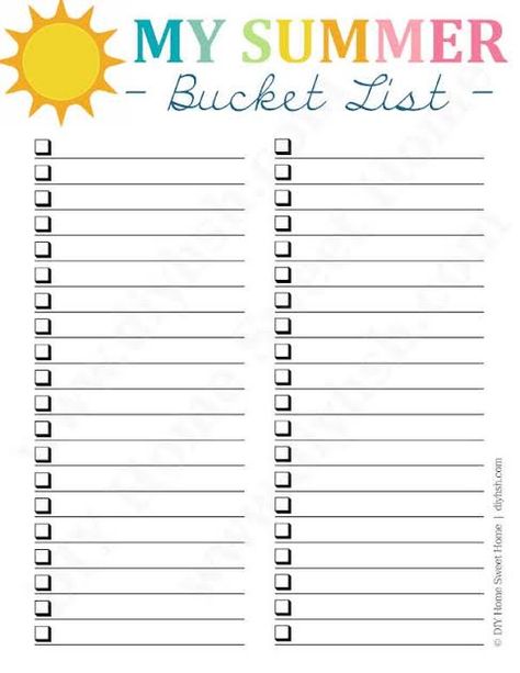 Blank Summer Bucket List Free Printable, Summer Bucket List Template, Free Printable Bucket List, Printable Bucket List, Beachy Tattoos, Kids Summer Bucket List, Summer Checklist, Summer Calendar, Bucket List Journal