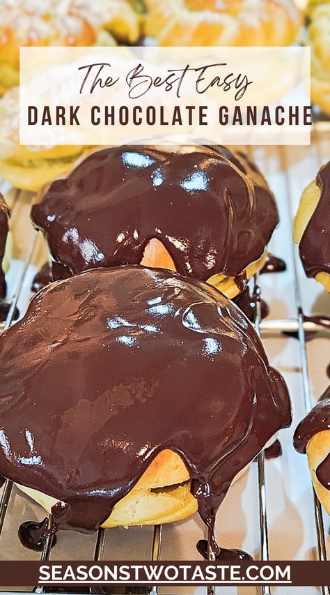 Cream puffs coated with warm chocolate ganache. How To Make Ganache Recipes, Desert Sauces, Dark Chocolate Ganache Recipe, Chocolate Ganache Recipe, Dark Chocolate Ganache, Ganache Recipe, Delectable Desserts, Gluten Free Eating, Pound Cake Recipes