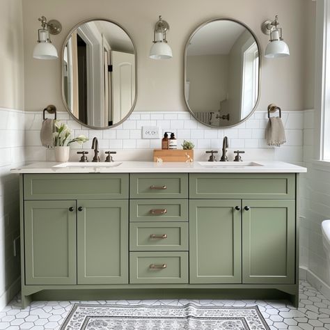 sage green bathroom cabinet color Sage Green Shower Room, Painted Vanities Bathroom, Clary Sage Bathroom Cabinets, Paint Colors For Bathroom Cabinets, Green Cabinet Bathroom, Colors For Bathroom Cabinets, Sage Green Bathroom Cabinets, Green Paint Colors For Bathroom, Bathroom Cabinet Paint Colors