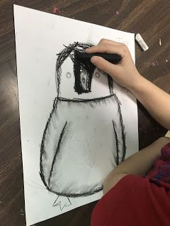 Art Lesson 1st Grade, How To Draw Penguin Easy, January Art Lessons For Elementary, Grade 1 Winter Art Ideas, 1st Grade Art Projects Winter, Grade 1 Winter Art, Penguin Art Project, Winter Directed Drawing For Kids, Penguin Art Projects For Kids