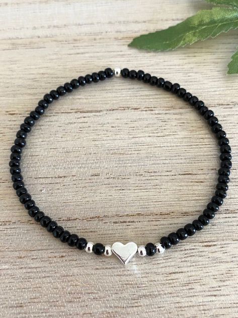 Silver Beads Bracelet, Bracelet Ideas Small Beads, Black Bracelet Women, Beaded Bracelets Black, Elastic Necklace, Black Beads Bracelet, Silver Beaded Bracelets, Black Bead Bracelet, Bridal Jewelry Sets Brides