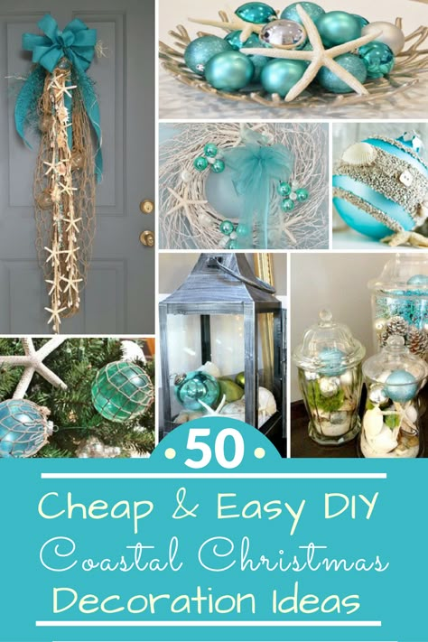 50 Cheap & Easy DIY Coastal Christmas Decorations Coastal Christmas Decorations, Beach Christmas Trees, Beach Christmas Decorations, Beach Christmas Ornaments, Coastal Christmas Tree, Florida Christmas, Coastal Christmas Decor, Beachy Christmas, Coastal Holiday