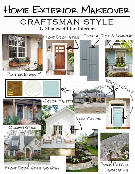 Design plans for a craftsman style home exterior makeover. Includes ideas for DIY columns, window boxes, shutters, and white painted brick inspiration. Craftsman Style Home Exterior, Exterior Brick Makeover, Diy Columns, Craftsman Style Homes Exterior Color, Brick Inspiration, White Painted Brick, Exterior Home Makeover, Shutter Colors, Painted Brick House