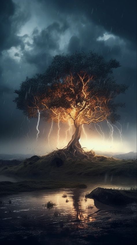 Lightning Hitting A Lone Tree On A Hilltop Lightning Striking Tree, Black Oak Tree, Storm Tattoo, Court Of Owls, People Faces, Drawing People Faces, Gallery Wallpaper, Lone Tree, Awesome Pictures