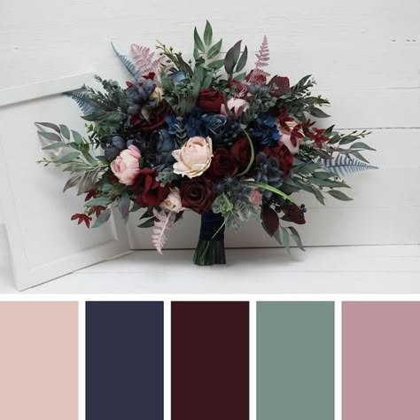 Burgundy Navy Blue Blush Pink Flowers Bridal Bouquet Faux Bouquet Blue Thistle Wedding Silk Flowers Boho Wedding Size 20 Inch - Etsy Navy And Plum Wedding, Blue Thistle Wedding, Dark Blue Wedding Theme, Navy And Burgundy Wedding, Faux Flowers Wedding, Navy Wedding Colors, Boho Wedding Colors, Thistle Wedding, Faux Bouquet