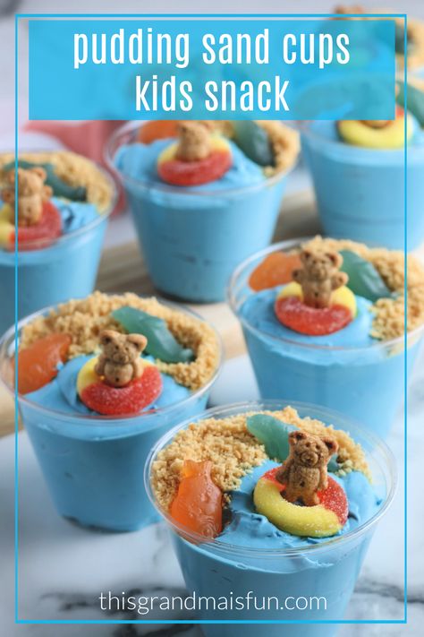 Blue Pudding, Pudding Snacks, Dirt Cups Recipe, Sand Pudding, Hawaiian Desserts, Beach Snacks, Children's Activities, Kids Treat, Blue Food Coloring