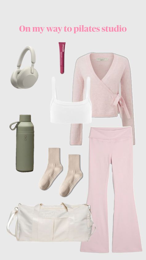 Pilates, clean girl, workout, workout bag, gym bag, pink pilates flare leggings, pink pilates wrap over, white pilates bra, white workout top, water bottle, pilates non-slippery socks, rhode lip gloss, headphones, neutral colours, clean girl aesthetic, that girl, pilates studio, yoga studio, whats in my bag, clean girl essentials Clean Girl Workout, Clean Girl Essentials, Pilates Essentials, Rhode Lip, White Workout Top, Workout Bag, Girl Essentials, Girl Workout, Pink Pilates