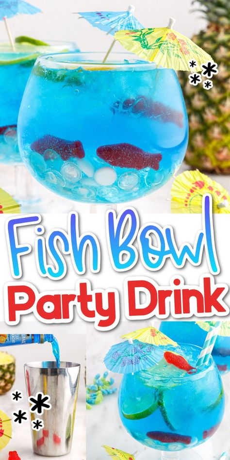 This easy fish bowl drink will wow the crowd with the pretty colors and tropical flavor! All you need is a few different liquors, lemon lime soda, and Swedish fish candies to make this fun party cocktail! Fish Bowl Drink, Fishbowl Cocktail, Mixed Drinks Alcohol Recipes, Fishbowl Drink, Swedish Fish Candy, Gummy Fish, Malibu Coconut, Pretty Alcoholic Drinks, Colored Cups