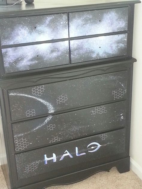 "Halo" themed dresser I handpainted for my son's room. Halo Bedroom, Bedroom Ideas Boys, Boho Chic Room, Game Bedroom, Halo Party, Boys Room Design, Halo Game, Gaming Furniture, Spring Bedroom