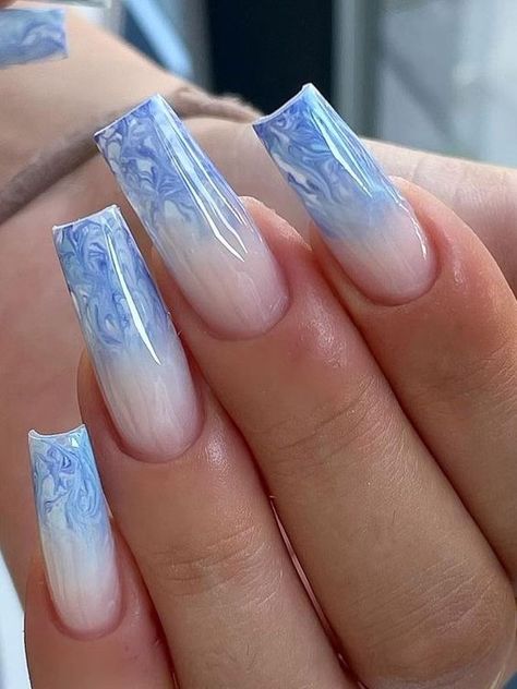 19 Gorgeous Ombre Nail Color Ideas - thepinkgoose.com Ombre Nail Art Designs Blue, Pale Blue Ombre Nails, September Nails Blue, Periwinkle Ombre Nails, Light Blue Ombre Nails Coffin, Ombre Nail Designs Summer, White And Baby Blue Nails, Powder Blue Nails Designs, Blue Fade Nails