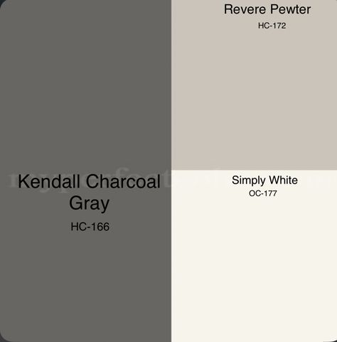 Kendall charcoal gray for accent cabinets Kitchen Ideas Charcoal Cabinets, Kendall Charcoal Palette, Kendall Charcoal Cabinets Kitchens, Bm Kendall Charcoal Color Schemes, Revere Pewter And Kendall Charcoal, Pale Oak And Kendall Charcoal, Bm Kendall Charcoal Cabinets, Kendall Charcoal Color Palette, Bm Kendall Charcoal Exterior