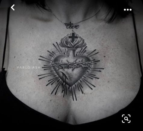 Sacred Heart Tattoo Chest Woman, Sacred Heart Tattoos Women, Sacred Heart Tattoo On Chest, Corazon Sagrado Tattoo, Sacred Heart Sternum Tattoo, Sacred Heart Tattoo Chest, Jesus Heart Tattoo, Sacred Heart Tattoo Women, Sacred Heart Chest Tattoo