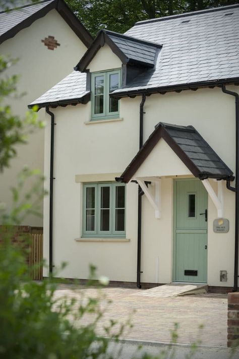 House With Green Windows, New Build House Exterior Uk, Rendered Cottage Exterior Uk, Farmhouse Uk Exterior, Rendered Cottage Exterior, Green Upvc Windows, White Rendered House Exterior Uk, Grey Upvc Windows, Rendered Farmhouse