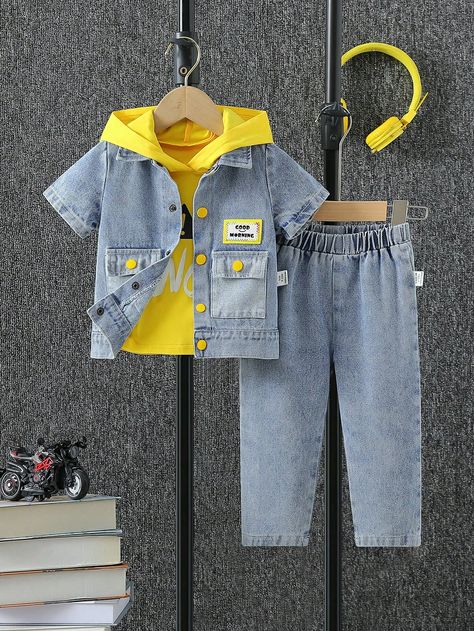 Baby Boy Letter Print Hooded T-Shirt, Buttoned Denim Jacket And Elastic Waist Jeans Multicolor     Colorblock,Letter  Non-Stretch  Baby Boys Clothing, size features are:Bust: ,Length: ,Sleeve Length: Boy Letter, Elastic Waist Jeans, Boys Set, Waist Jeans, Boys Clothing, Kids Sleepwear, Kids Beachwear, Baby Sets