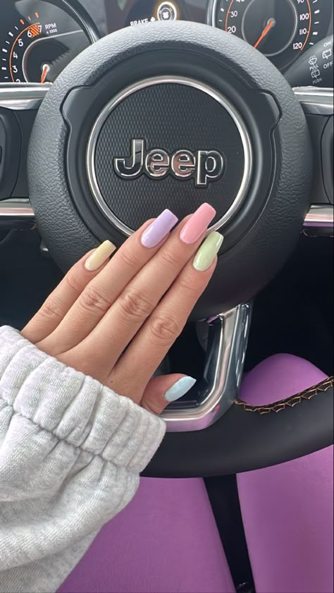 Spring Nails Different Color Each Nail, April Nails Solid Color, Pastel Multicoloured Nails, April Nail Inspo 2024, Full Colour Nails, Pastel Nails Designs Summer, Aesthetic Pastel Nails, Pastel Colour Nails, Prom Nails Acrylic Red