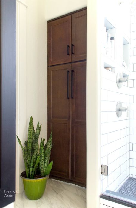 Master Bath Linen Closet Built Ins, Diy Built In Linen Cabinet, Inset Linen Closet, Linen Closet Master Bath, Small Bathroom Linen Closet Ideas, Bathroom Closet With Hamper, Bathroom Linen Closet Double Doors, Bathroom Linen Closet Door Ideas, Master Bath With Toilet Closet