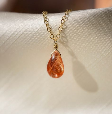 Sunstone Necklace, Sunstone Jewelry, In A Rut, Stuck In A Rut, Orange Crystals, Gold Sun, True Self, Teardrop Necklace, Simple Necklace