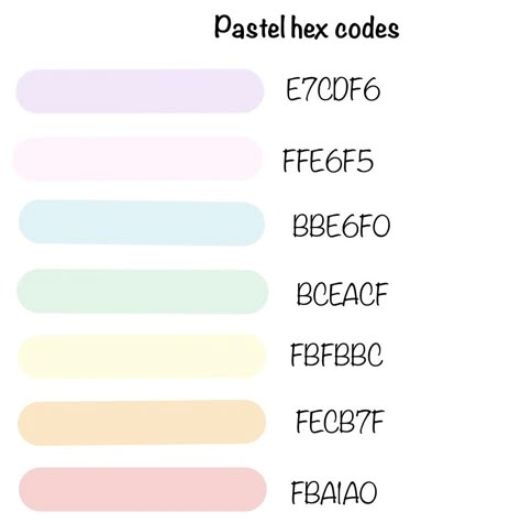 Discord Color Codes Pastel, Google Calender Colour Scheme Pastel, Pastel Rainbow Color Palette Hex Codes, Pastel Rainbow Hex Codes, Pastel Hex Codes Color Schemes, Google Calendar Color Scheme Aesthetic Hex Codes, Pastel Color Palette Hex Codes, Pastel Color Codes, Pastel Hex Codes