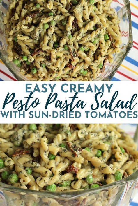 This easy Creamy Pesto Pasta Salad with Peas and Sun-Dried Tomatoes is ideal for picnics and potlucks, barbecues and birthday parties. A simple dressing of pesto, mayonnaise, and lemon juice cloaks this family-favorite pasta salad. Sweet and chewy sun-dried tomatoes, and vibrant green peas round out this versatile side dish. Cold Pea Pasta Salad, Garlic Pesto Pasta Salad, Pesto Pasta Salad With Peas, Pesto Pasta Salad With Sundried Tomatoes, Creamy Pesto Pasta Salad Recipes, Cold Creamy Pesto Pasta Salad, Pasta Salad With Peas Cold, Jimmy John’s Pesto Pasta Salad Recipe, Pesto Pea Salad