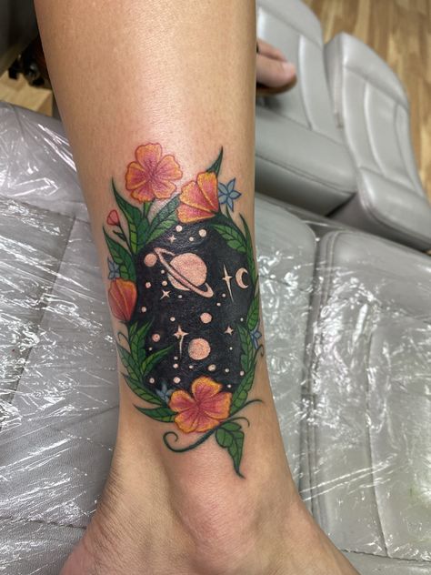 Flowers And Galaxy Tattoo, Galaxy Flowers Tattoo, Large Ankle Tattoo Cover Up, Galaxy Flower Tattoo, Foot Cover Up Tattoos For Women, Space Flower Tattoo, Large Tattoo Cover Ups, Flower Coverup Tattoo, Dark Flower Tattoos