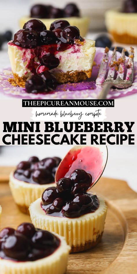 You can make this mini blueberry cheesecake recipe in half the time a full-sized cheesecake would take. These cupcake size cheesecakes are velvety smooth, perfectly sweet and BURSTING with blueberry flavor! Fresh Blueberry Cheesecake Recipe, Mini Blueberry Cheesecakes, Mini Cheesecakes Blueberry, Mini Blueberry Cheesecake Recipes, Simple Blueberry Cheesecake, Blueberry Cheesecake Nobake, Graham Cracker Crust Cheesecake, Chocolate Strawberry Cheesecake, Cottagecore Recipes