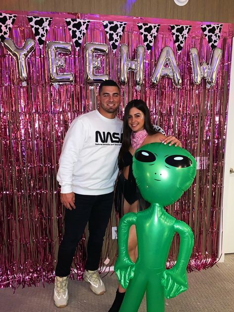 #spacecowboy #couplecostumes #cowboy #cowgirl Aliens And Cowboys Theme, Cowboy And Aliens Party, Space Cowboy Decorations, Alien Cowgirl Party, Cowboy Alien Party, Neon Cowboy Party, Space Cowboy Party Decorations, Cowboys And Aliens Party, Space Cowgirl Party Decorations