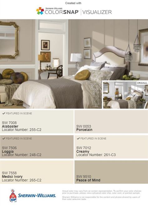 Sherwin Williams Loggia, Sw 7012 Creamy, Alabaster Trim, Ski Chalet Decor, Chalet Bedroom, Classic Living Room Design, Bedroom Inspiration Cozy, Color Tips, Bedroom Wall Paint