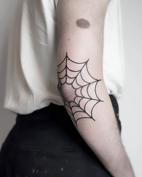 Spiderweb Arm Tattoo, Spider Web Elbow Tattoos For Women, Spider Net Tattoo Elbow, Traditional Spider Web Tattoo Elbow, Spiderweb Tattoo On Shoulder, Spider Webbing Tattoo, Spooky Elbow Tattoo, Spider's Web Tattoo, Spiderweb Elbow Tattoo Women