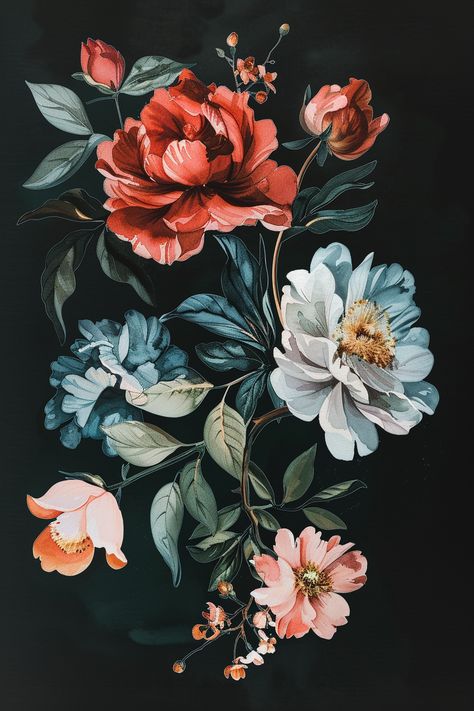 Vintage Watercolor Flower Illustration on Black Background Floral On Black Background, Black Background Floral Painting, Flower Tattoo Illustration, Flower Painting With Black Background, Paintings On Black Background, Flower Painting Black Background, Dark Flower Art, Illustrated Flowers, Black Background Painting