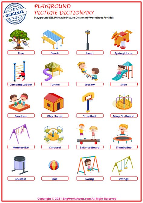 These English vocabulary Playground worksheets will help in the teaching of Playground for kids. They will help reinforce skills like reading, writing, grammar and vocabulary. Vocab Worksheets, Playground Pictures, Preschool Playground, Senses Preschool, Esl Vocabulary, English Worksheets For Kids, Kids English, School Playground, English Lessons For Kids