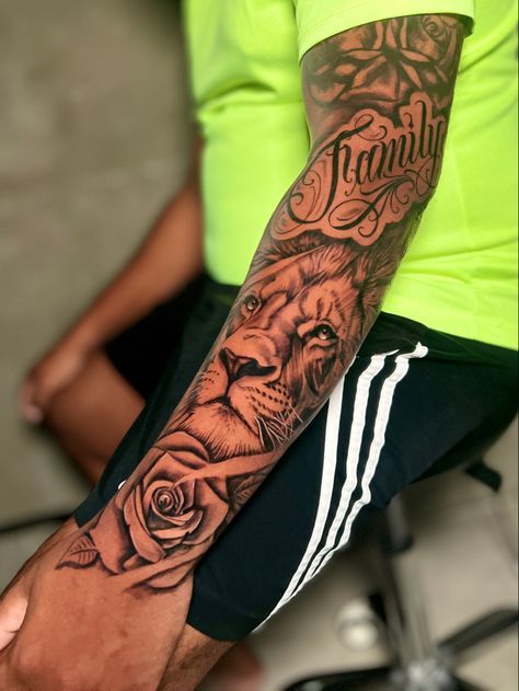 #blackandgrey #liontattoo #tattoo #lka #srilanka #familytattoo #inkculturesrilanka #tattoo #lka #colombo #mountlavinia #srilankatattoo #lka #srilankatattooartist Lion Theme Tattoo Sleeve, Black And Grey Lion Tattoo, Forearm Lion Tattoo Men Ideas, Black And Grey Arm Tattoos, Small Lion Tattoo Men Arm, Lion Tattoo Design Forearm, Leg Sleeve Tattoo Male Design, Tattoo Ideas For Men God, Heart Of A Lion Tattoo