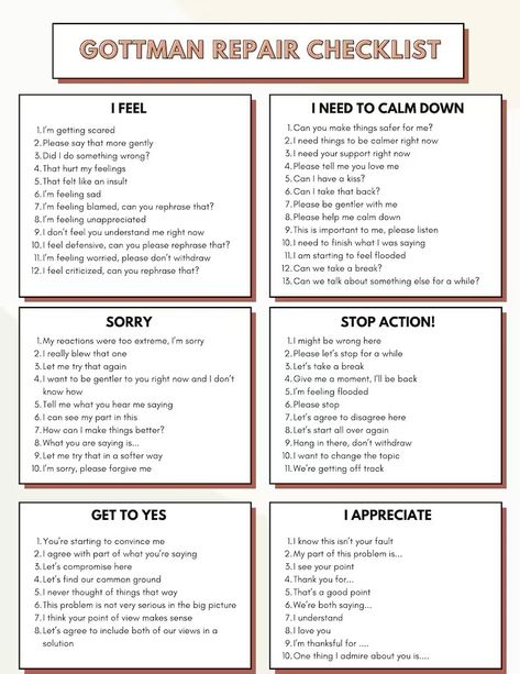 Gottman Repair Checklist - Etsy Gottman Repair, Gottman Repair Checklist, Relationship Worksheets, Feeling Unappreciated, Prostate Health Men, Relationship Therapy, Family Systems, Couples Therapy, Therapy Worksheets