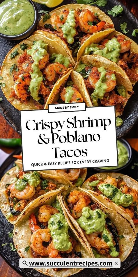 Enjoy a fiesta of flavors with these Crispy Shrimp & Poblano Tacos! Topped with a refreshing avocado cilantro sauce, these tacos are a crowd favorite. Smoked Shrimp Tacos, Shrimp Birria Tacos, Costco Cilantro Lime Shrimp, Shrimp For Tacos, Poblano Shrimp, Recipes With Cilantro, Shrimp Poblano, Crispy Shrimp Tacos, Blackened Shrimp Tacos