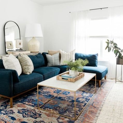 9 Things to Consider When Buying a New Sofa — Design by Caitie Blue Couch Living, Blue Sofa Living, Living Room Upstairs, Blue Sofas Living Room, Blue Couch Living Room, Moody Living Room, Blue Couch, Blue Couches, Living Room Color Schemes