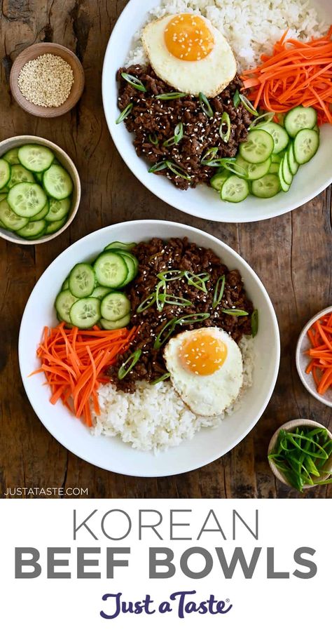 Korean Beef Bowls (Bibimbap) star ground beef in a gochujang sauce, fresh veggies, white rice and a fried egg. Best of all, this easy dinner recipe can be customized with your favorite veggies and protein! #justatasterecipes Healthy Korean Beef, Beef Bowl Recipe, Korean Beef Bowl, Bulgogi Recipe, Beef Bowl, Bowls Recipes, Bowl Meals, Beef Bowls, Rice Bowls Recipes