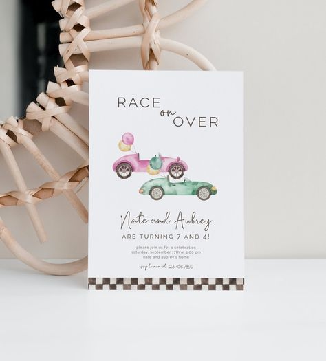 Sibling Birthday Party Brother Sister, Girl Cars, Sibling Birthday Parties, Racing Birthday, Cars Party, Birthday Packages, Milestone Poster, Welcome Banner, Fourth Birthday