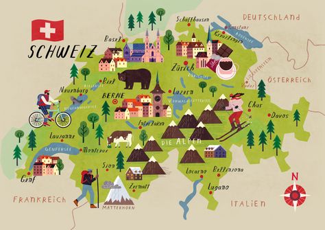 Zurich Map, Switzerland Places To Visit, Traveling World, Map Of Switzerland, Holiday Homework, Map Creator, Switzerland Cities, Illustrated Maps, World Geography