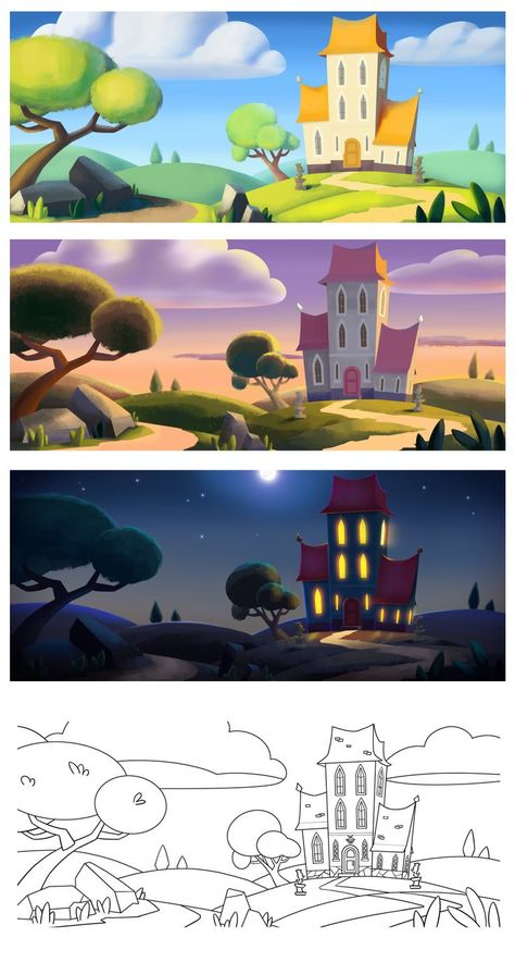 Flat Environment Illustration, Background For Character Design, Simple Environment Drawing, Disney Concept Art Backgrounds, 2d Background Animation, Concept Art Layout, Visual Development Environment, 2d Animation Background, Cartoon Environment